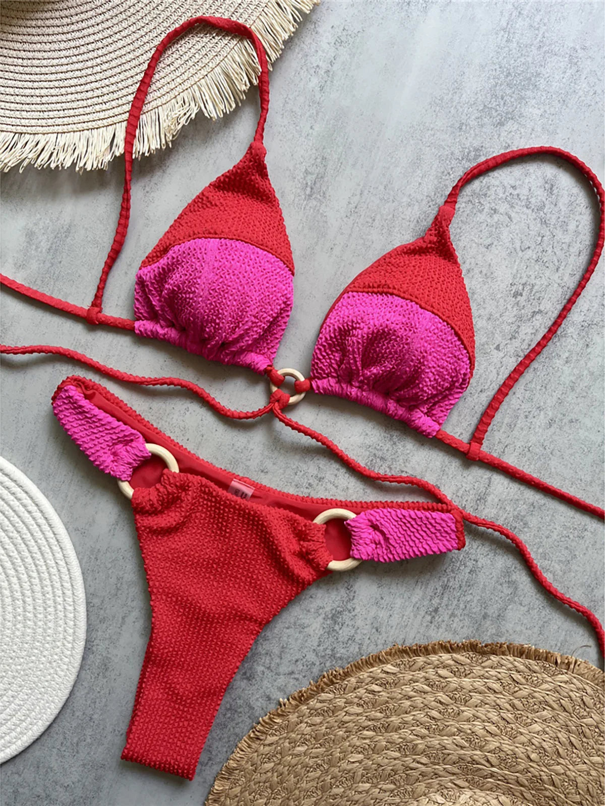 Crinkled Splicing Brazilian Bikini Set Red Hot Pink