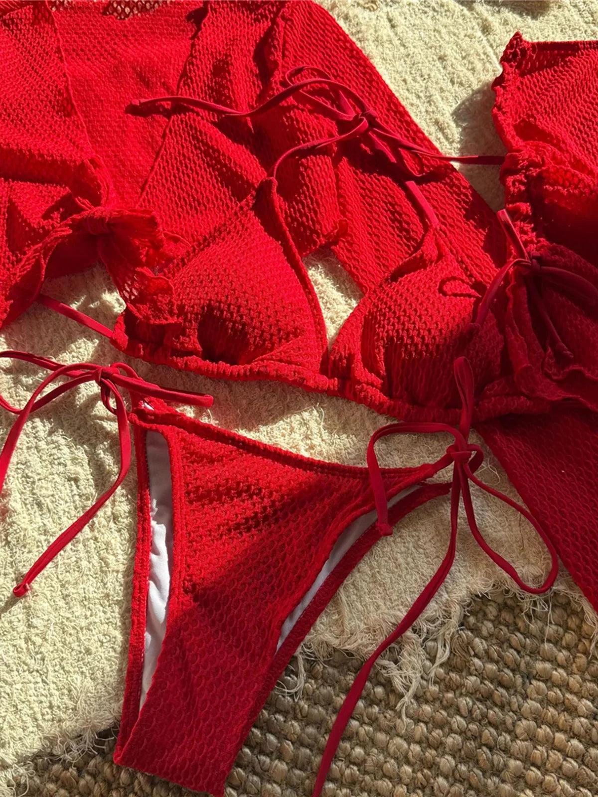 Long Sleeve Halter Bikini Set Red