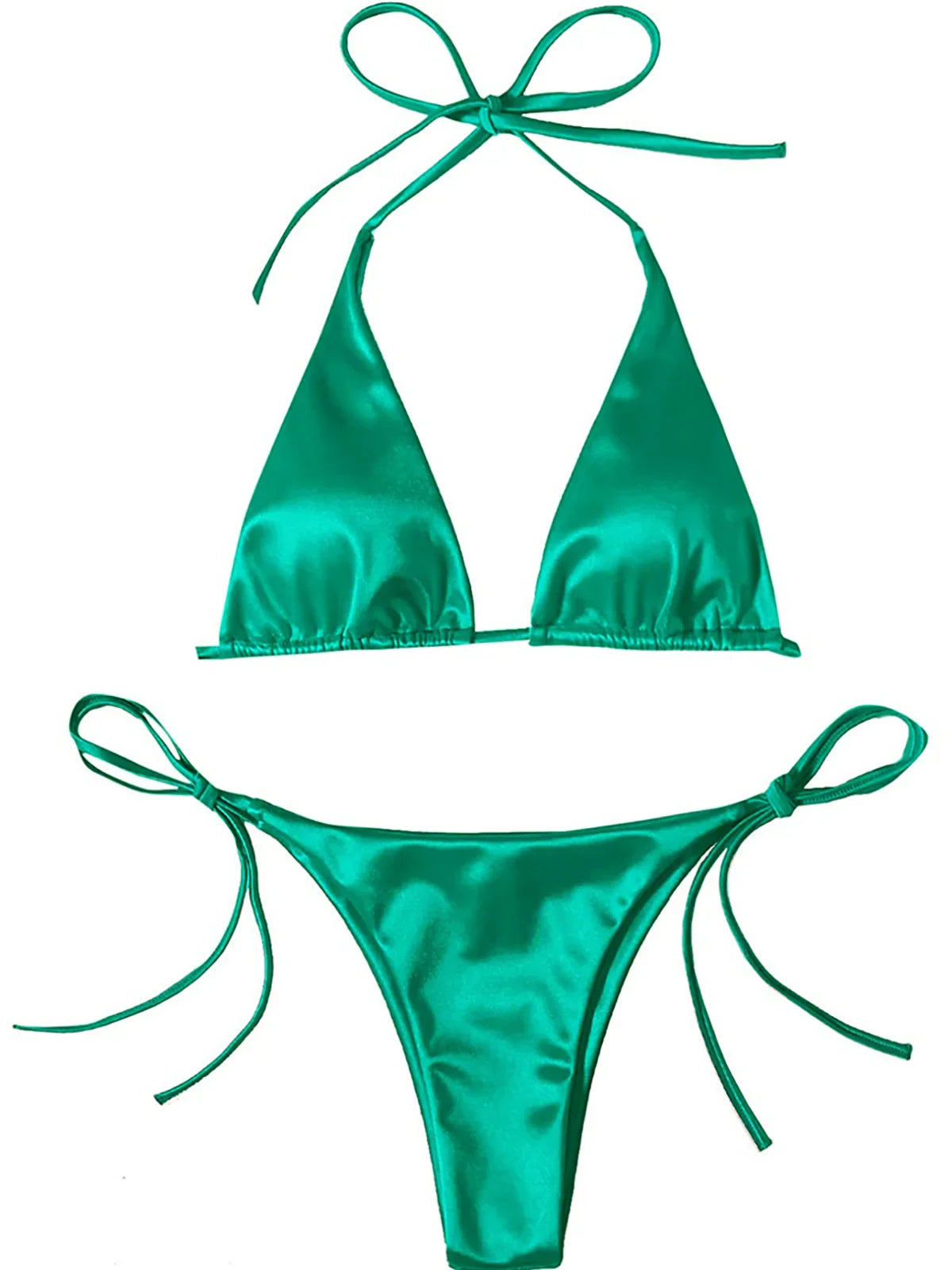 Satin Halter Brazilian Bikini Set Green