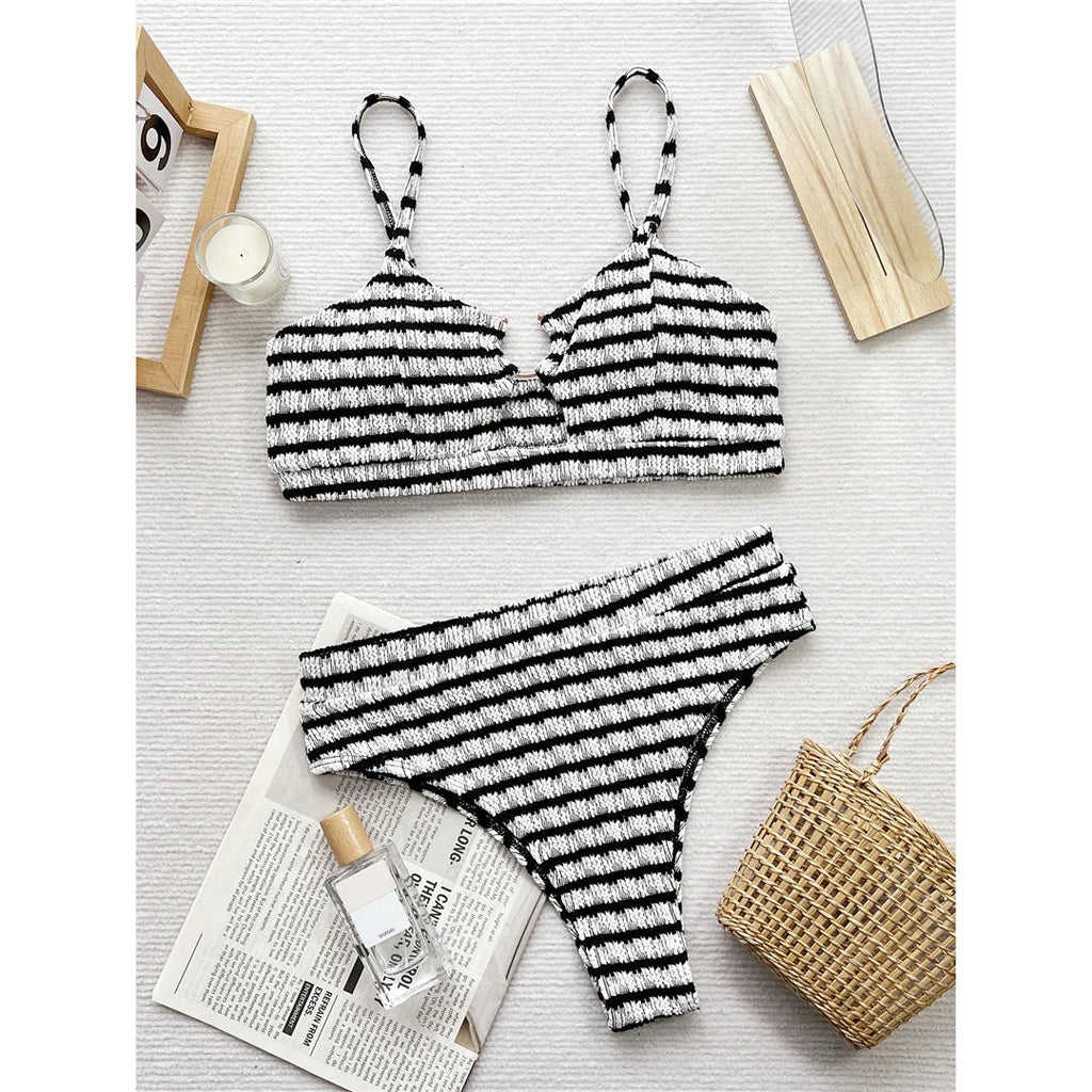 Black White Striped High Waist Bikini
