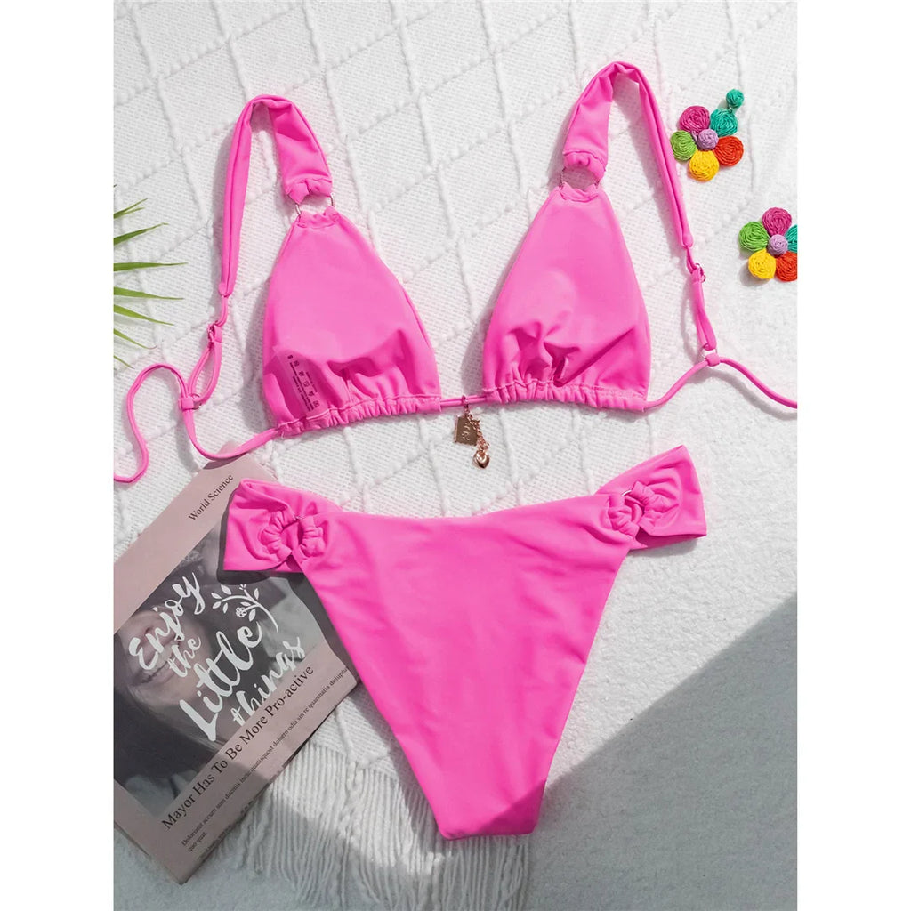 Metal Ring High Leg Bikini Set