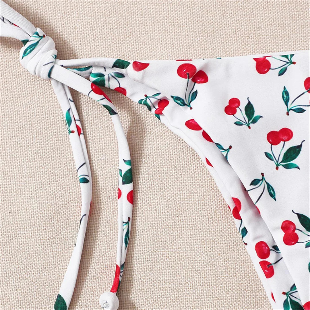 Cherry Printed Halter Strappy Bikini