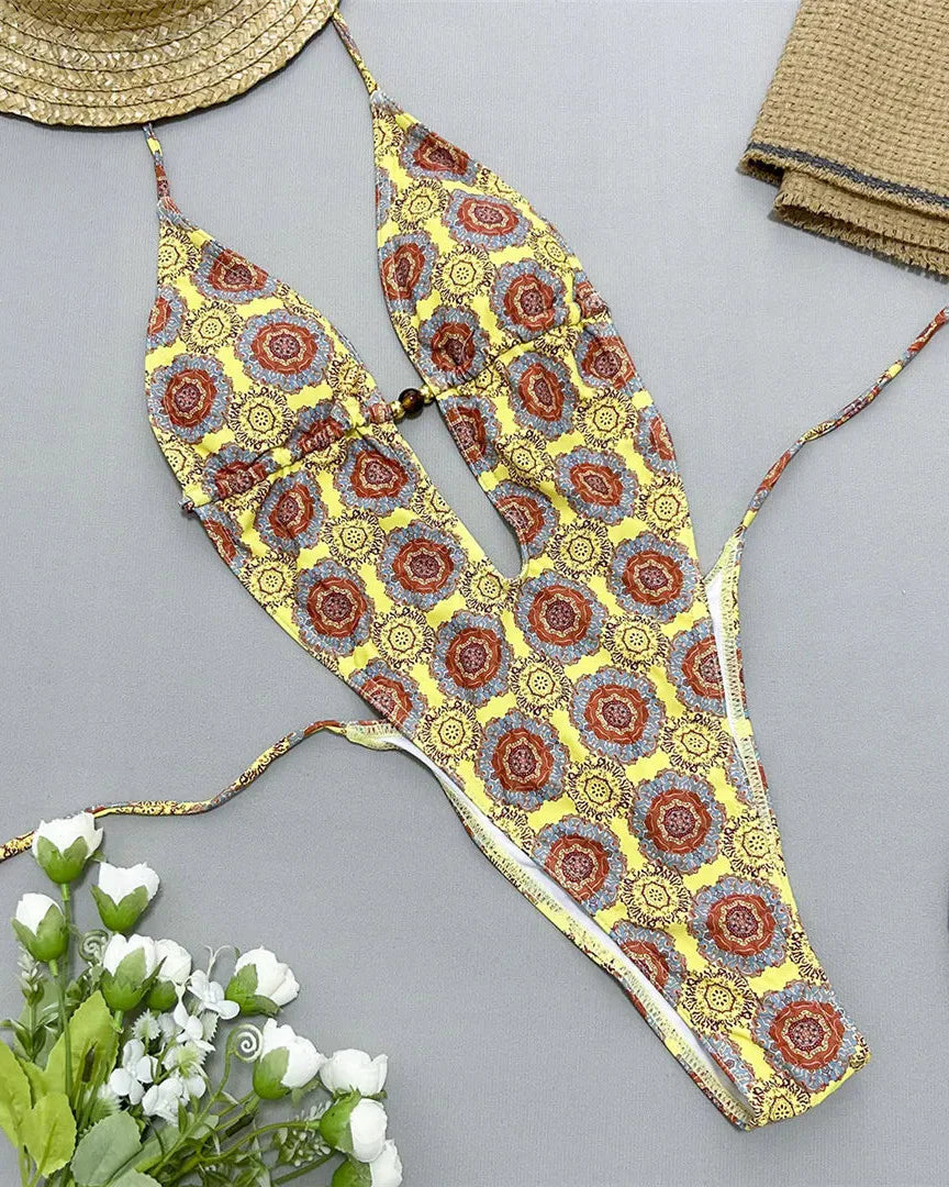 Printed Deep V Neck Monokini Yellow Printing