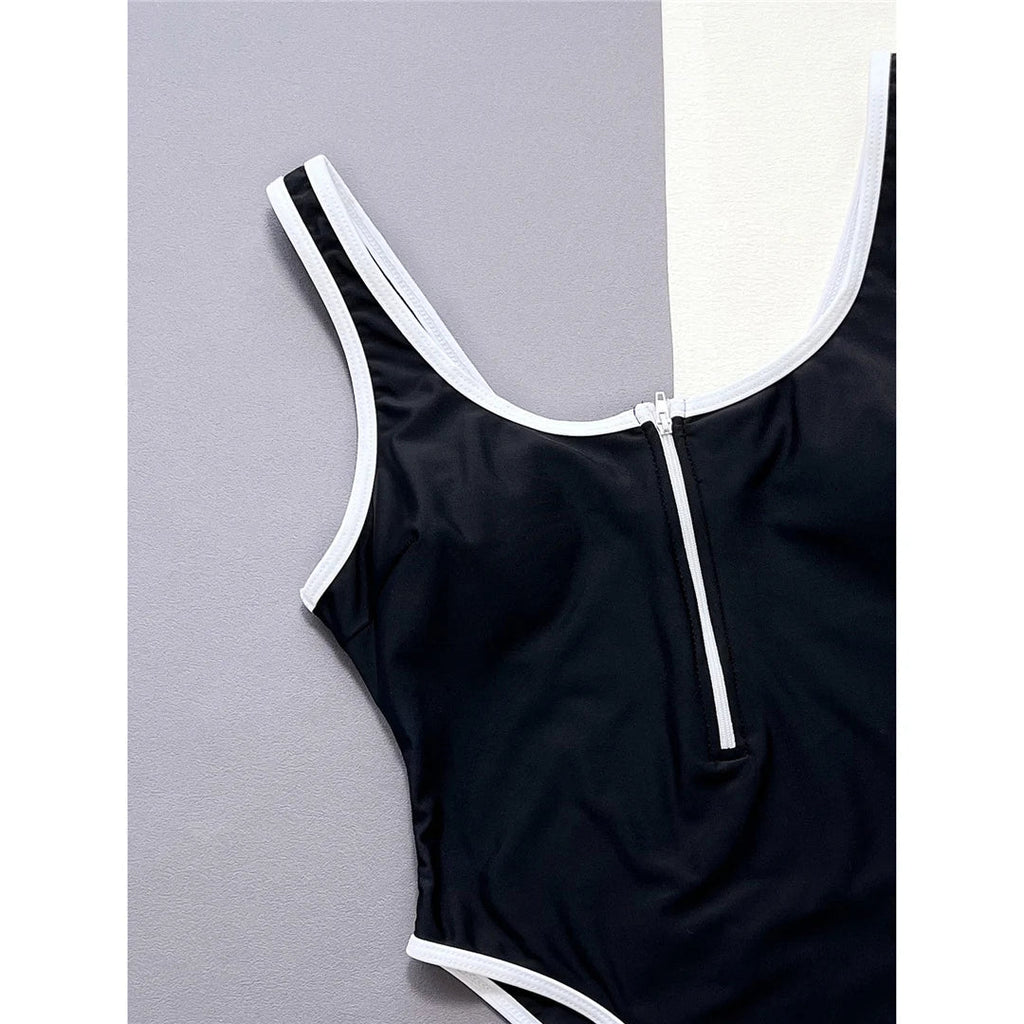 High Leg Cut Zipper One Piece Swimsuit