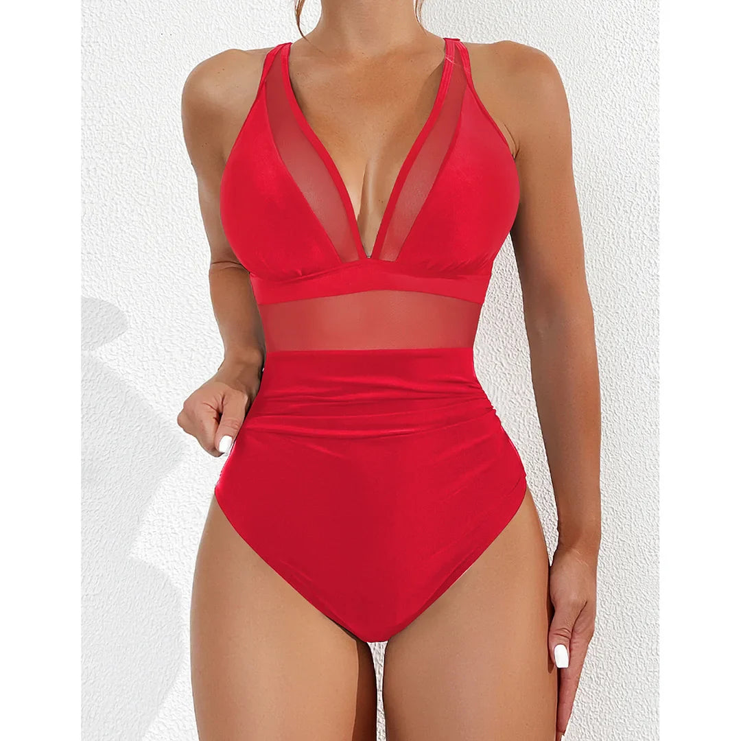 Mesh Leopard Print Monokini V-Neck