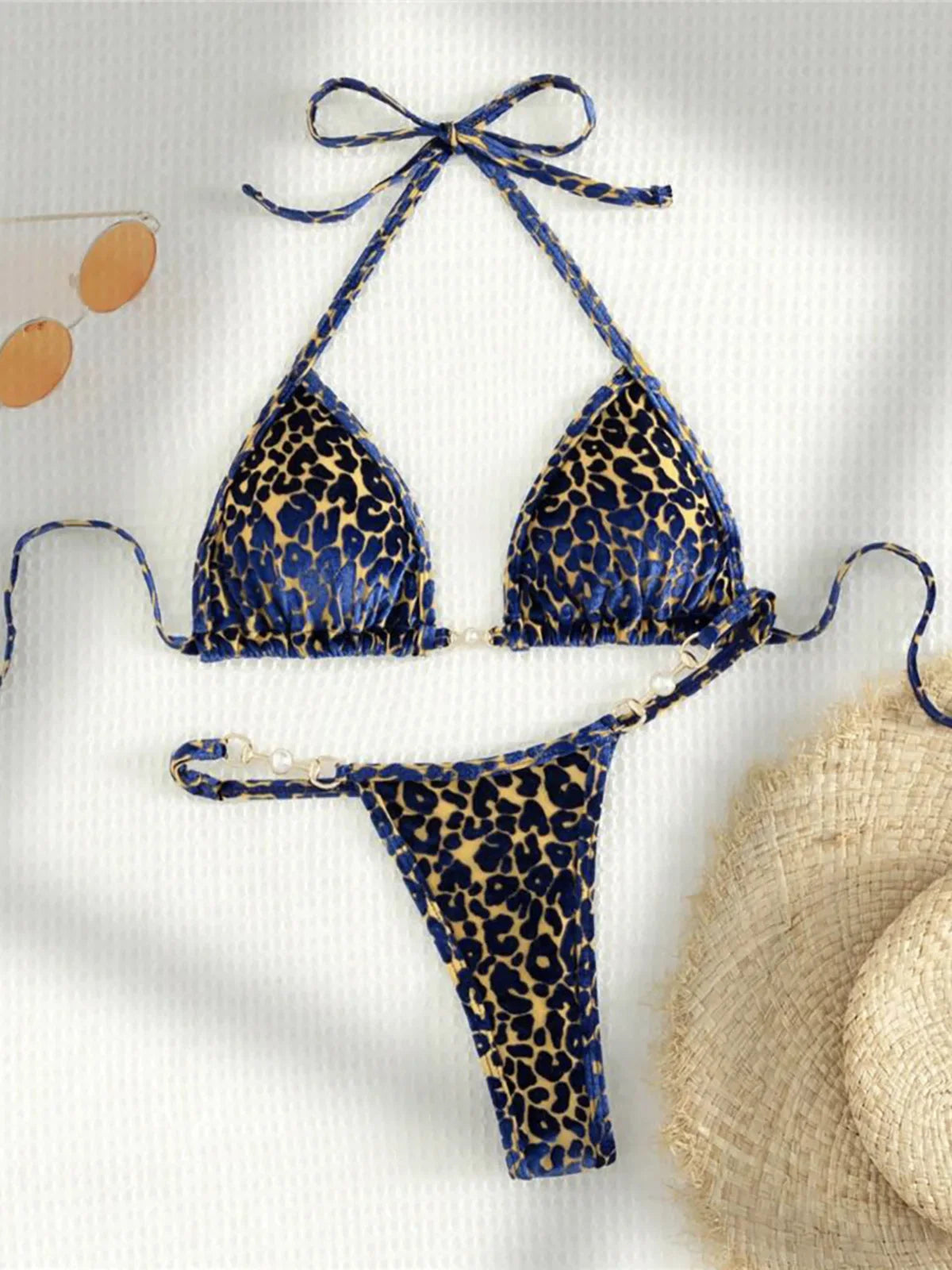 Leopard Pearl Mini Micro Bikini Set Yellow Blue Leopard