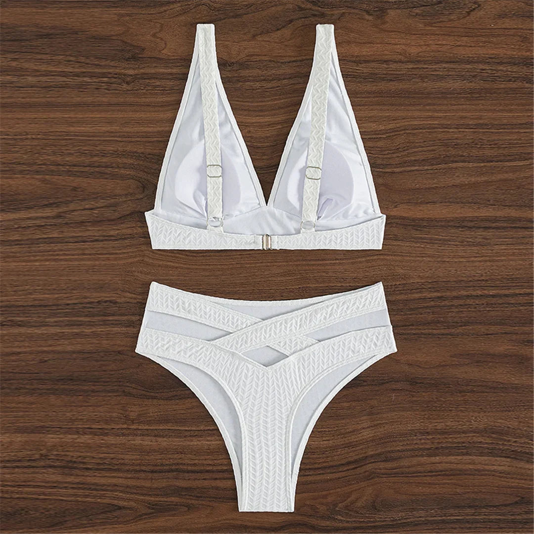 Wrinkled V Neck High-Waist Bikini Set