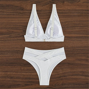 Wrinkled V Neck High-Waist Bikini Set