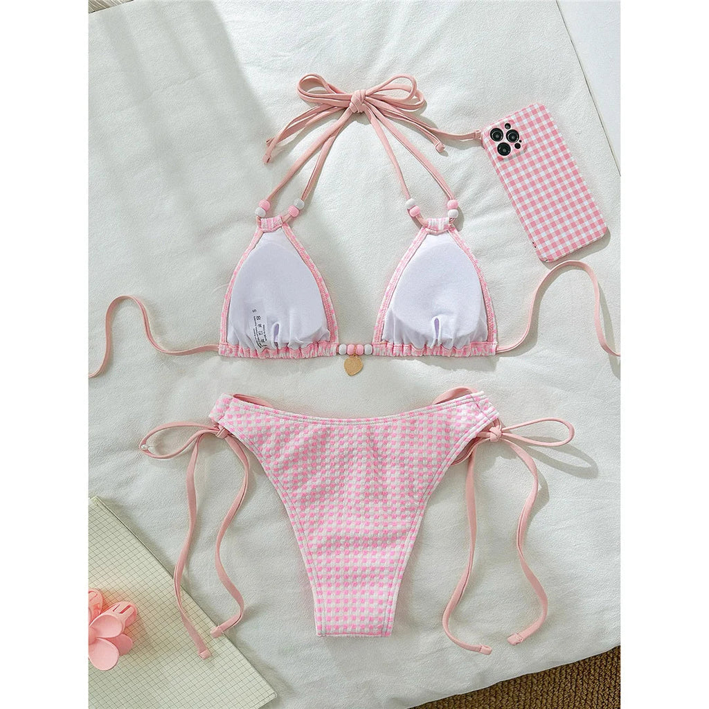 Plaid Halter High Leg Bikini Set