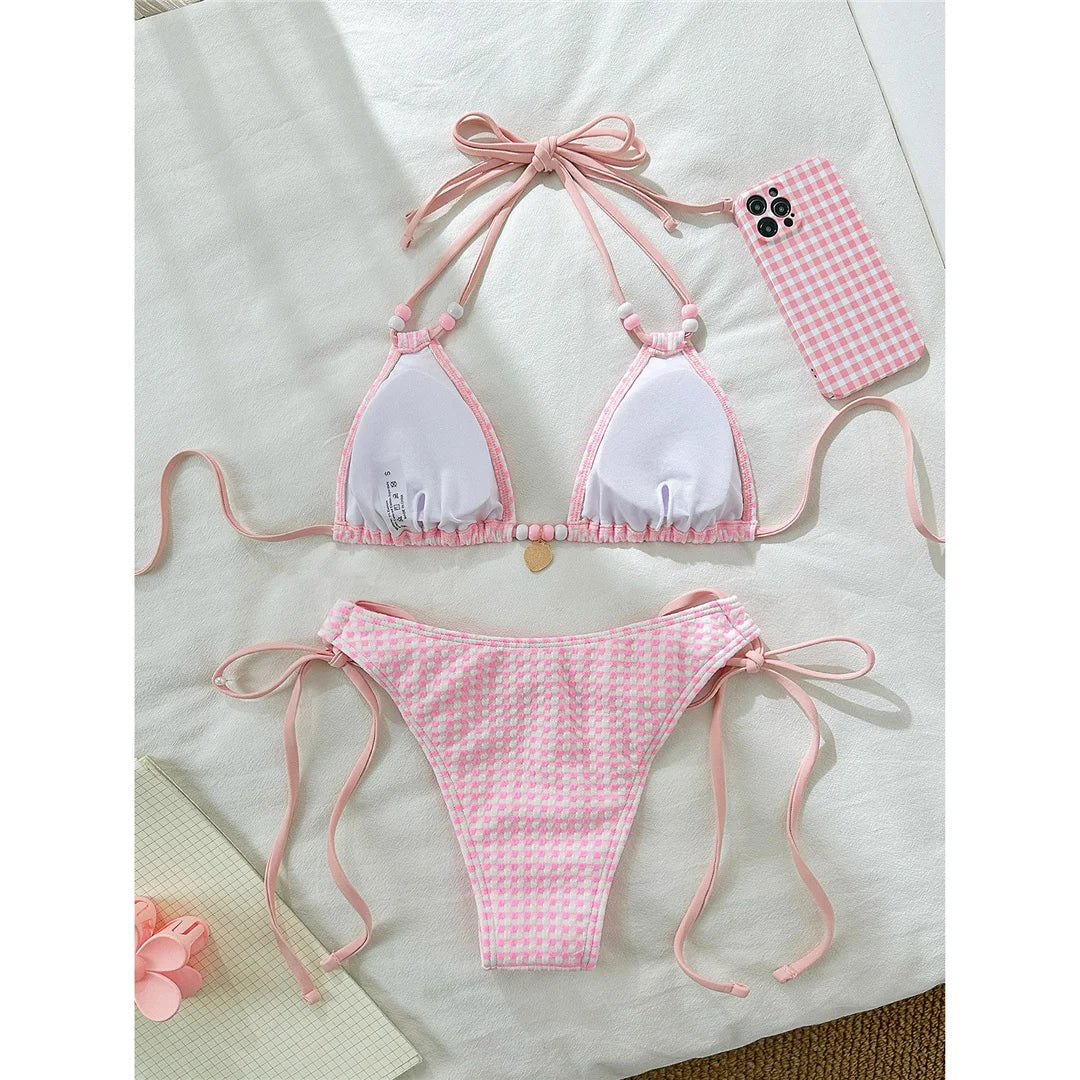 Plaid Halter High Leg Bikini Set