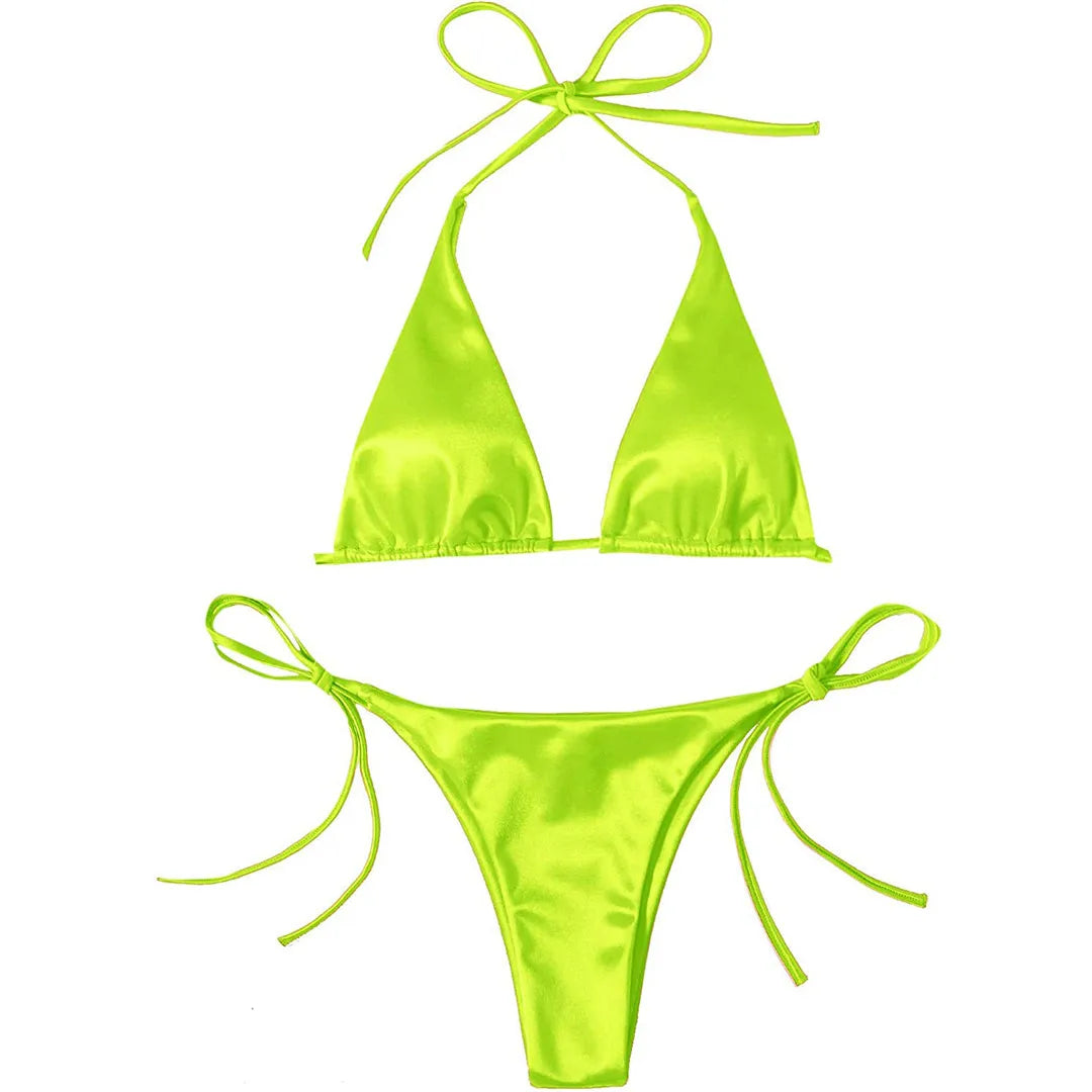 Satin Halter Brazilian Bikini Set Neon Yellow