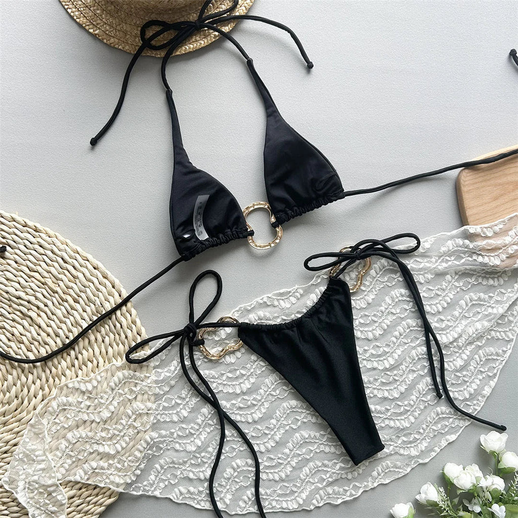 Metal Rings Halter Strappy Bikini
