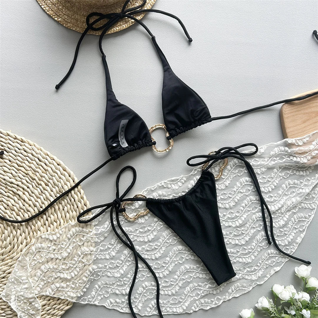 Metal Rings Halter Strappy Bikini