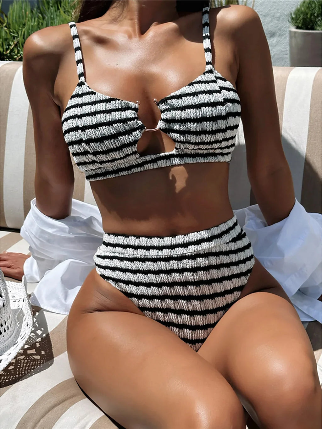 Black White Striped High Waist Bikini Black White