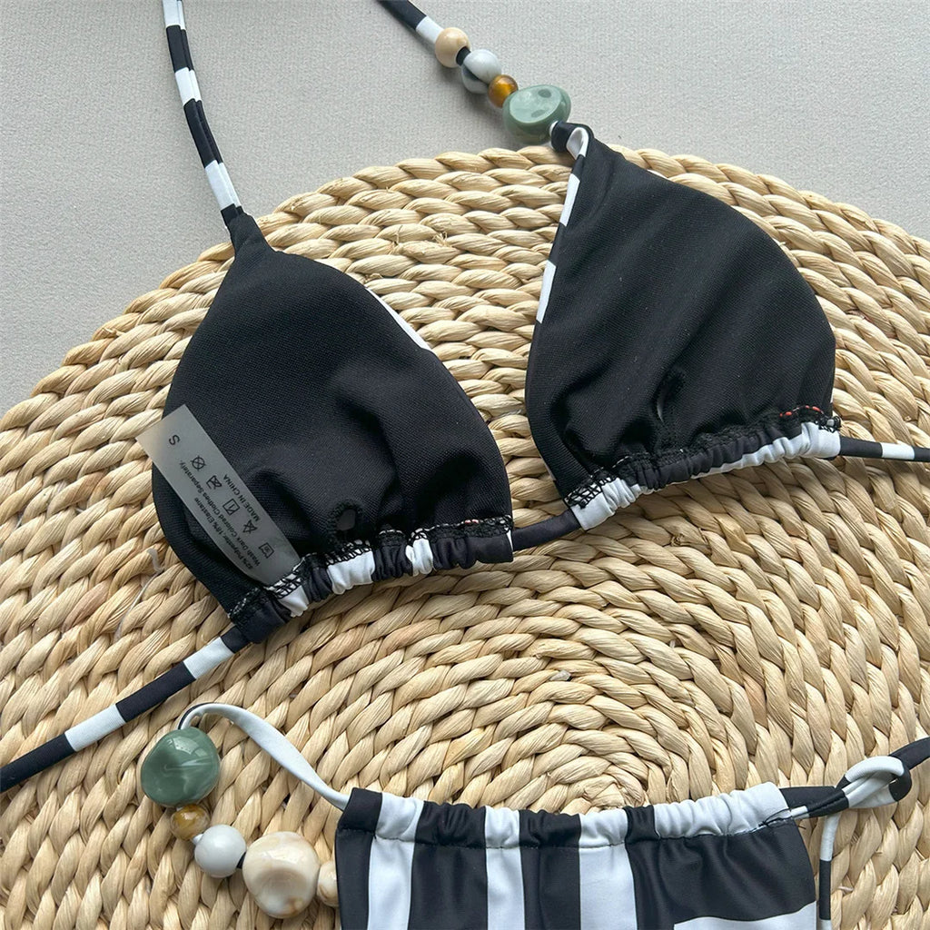 Halter Striped High Leg Bikini Set