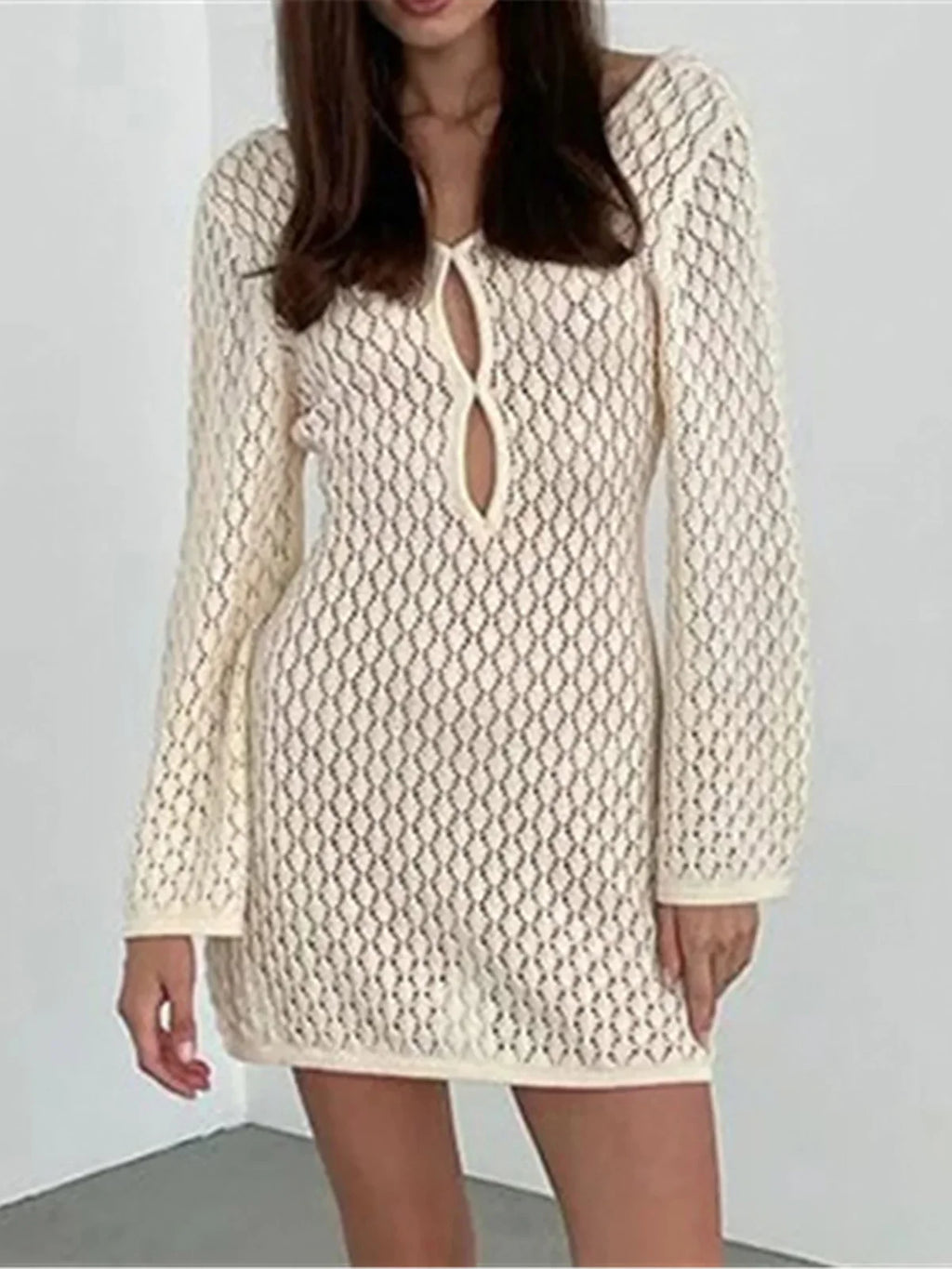 Cut Out Backless Crochet Beach Tunic Beige