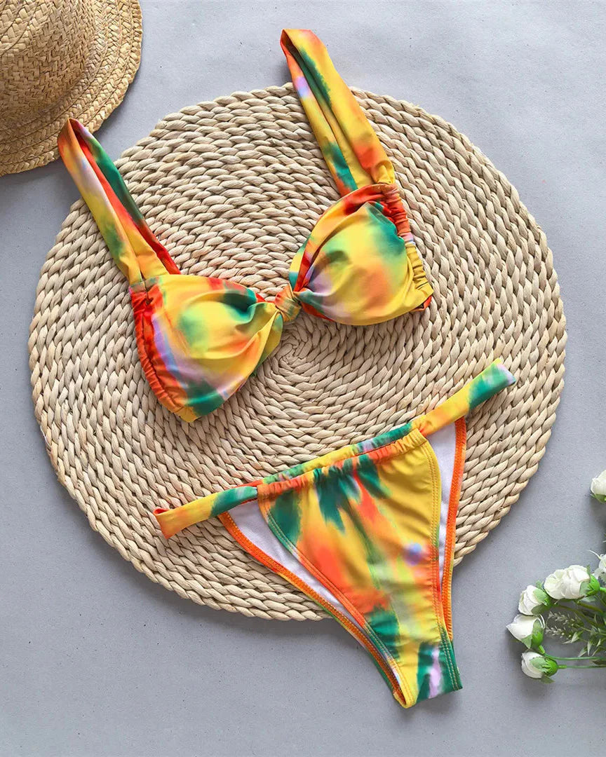 Tie Dye Flowers Bikini Set Orange Yellow Green