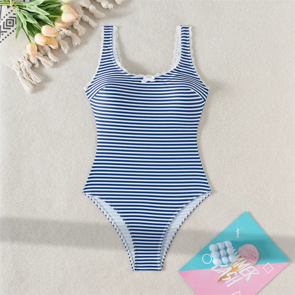 Striped Lace Backless Swimsuit Striped