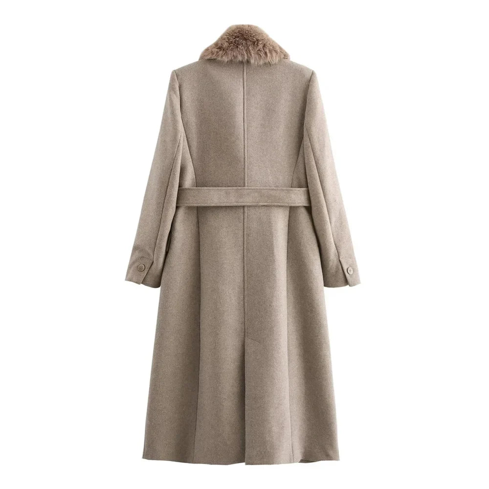 Amelie Belted Fur-Collar Coat