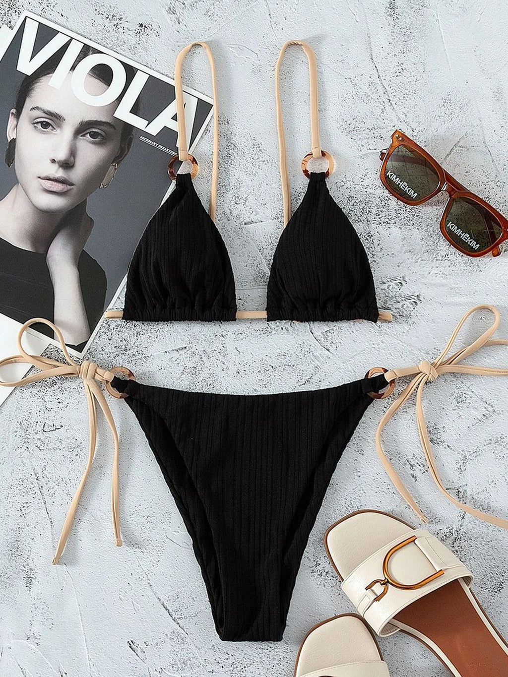 Ribbed Brazilian Bikini Set Black