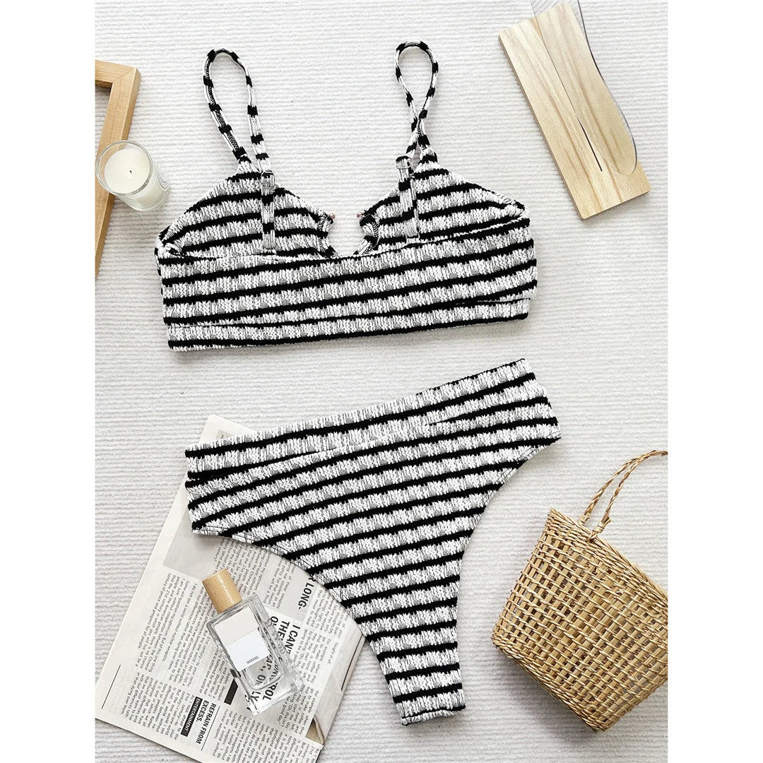 Black White Striped High Waist Bikini