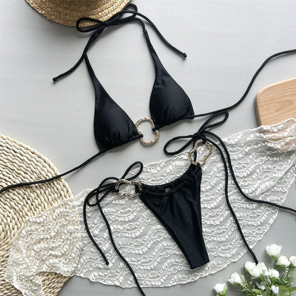 Metal Rings Halter Strappy Bikini