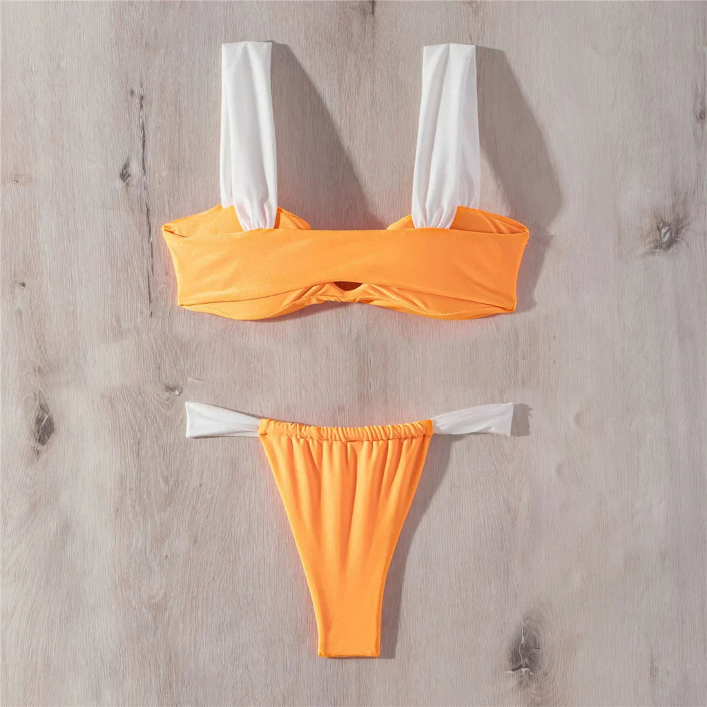 Wrinkled V Neck High Leg Bikini Set