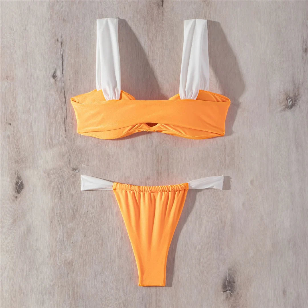 Wrinkled V Neck High Leg Bikini Set