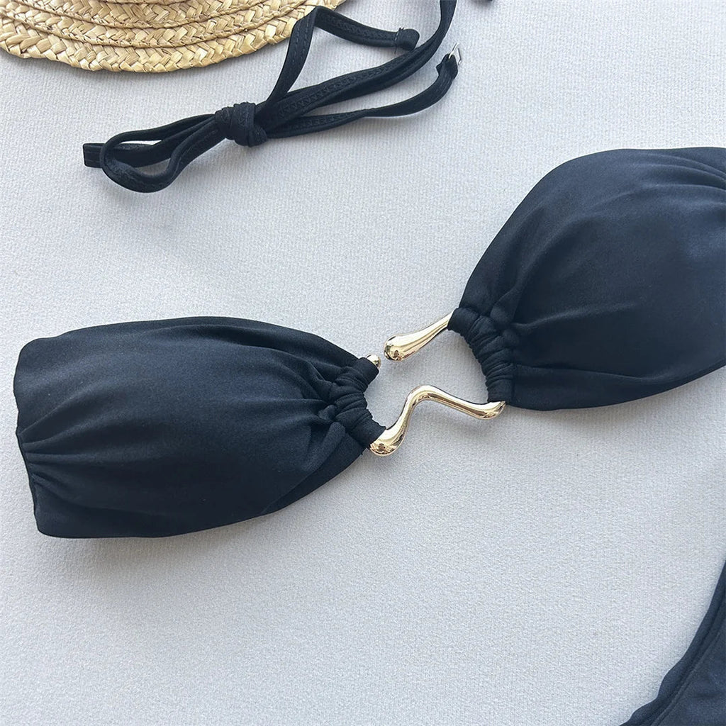 Metal Ring Bandeau Bikini Set