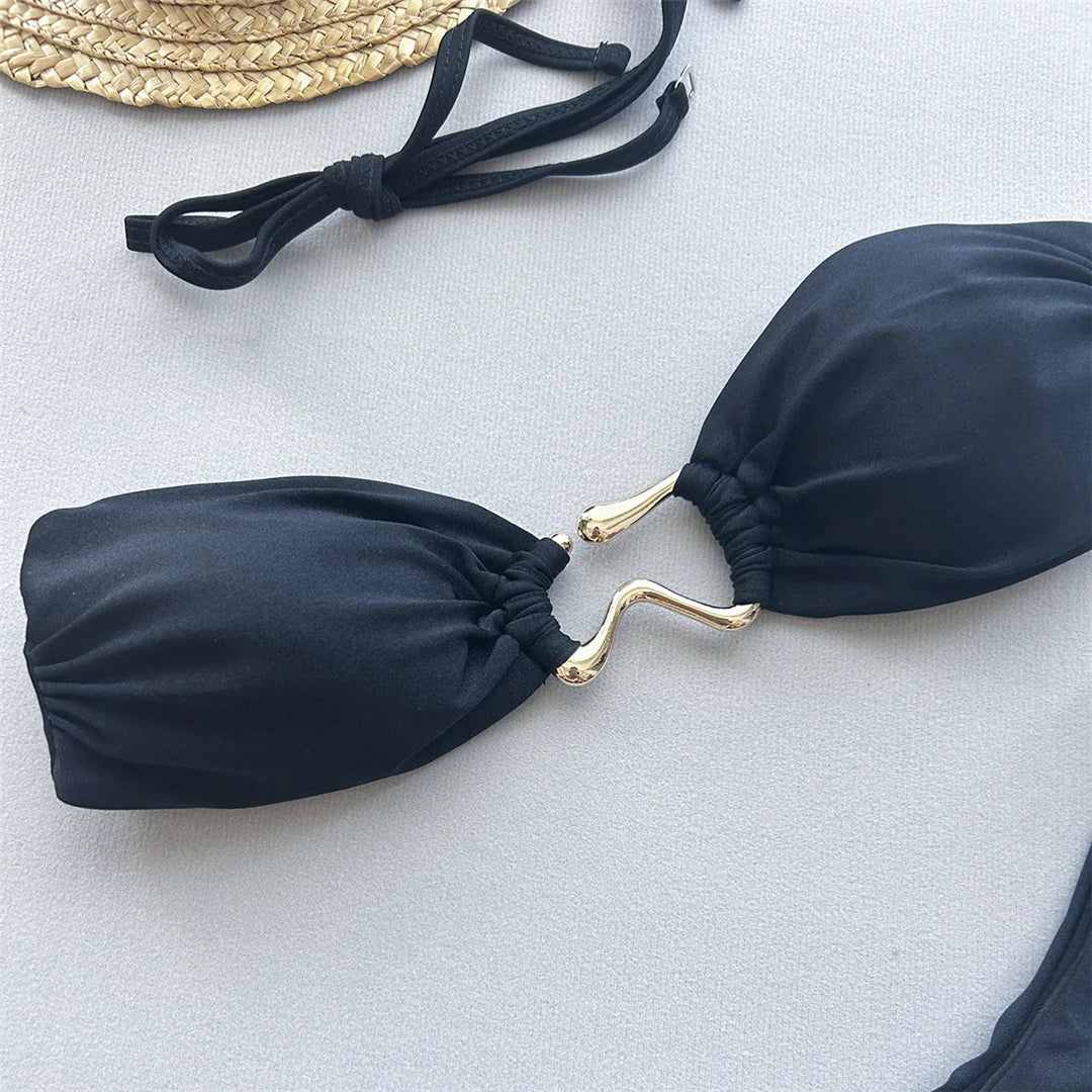 Metal Ring Bandeau Bikini Set