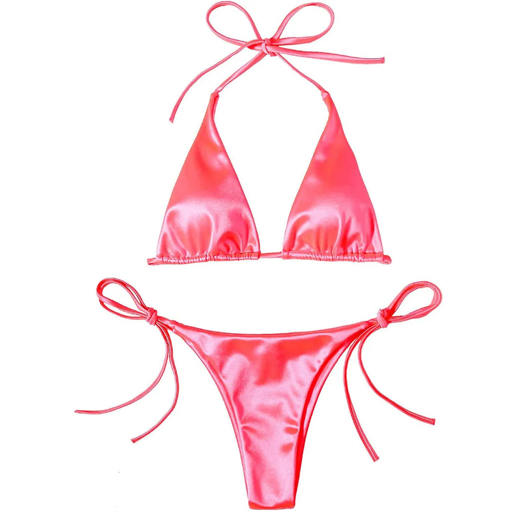 Satin Halter Brazilian Bikini Set Watermelon Red