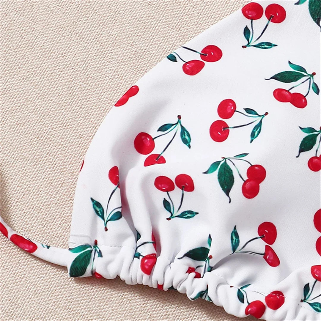 Cherry Printed Halter Strappy Bikini