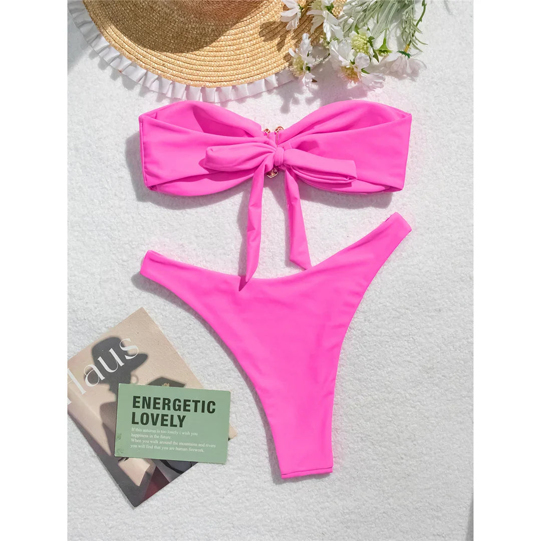 Metal Flower Bandeau Brazilian Bikini