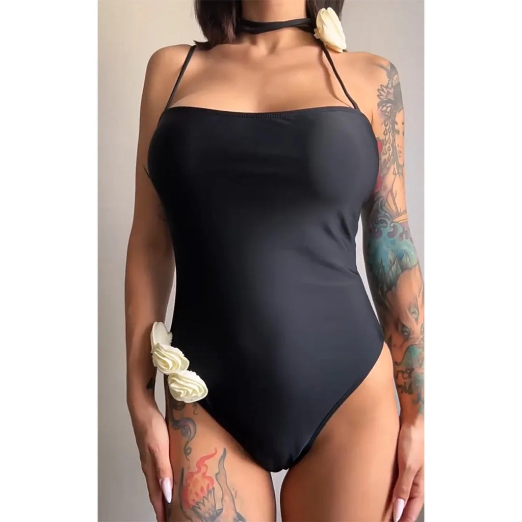 3D Flowers One Shoulder One Piece Swimsuit
