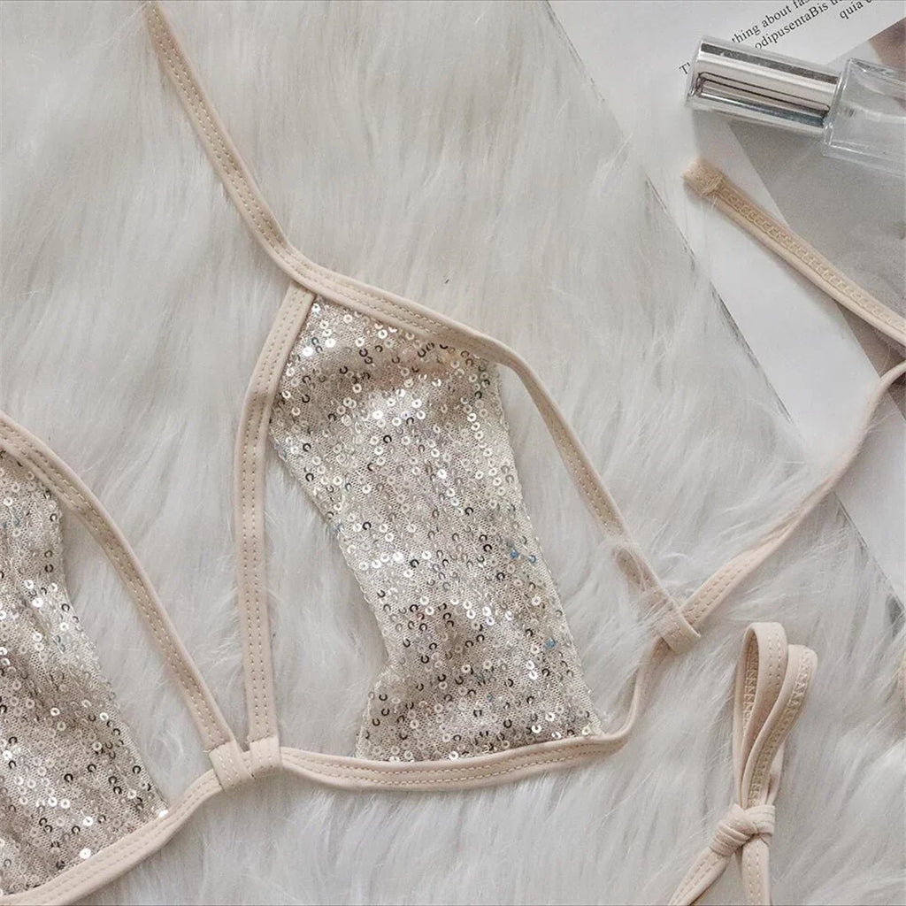 Sequins Halter Strappy Bikini Set