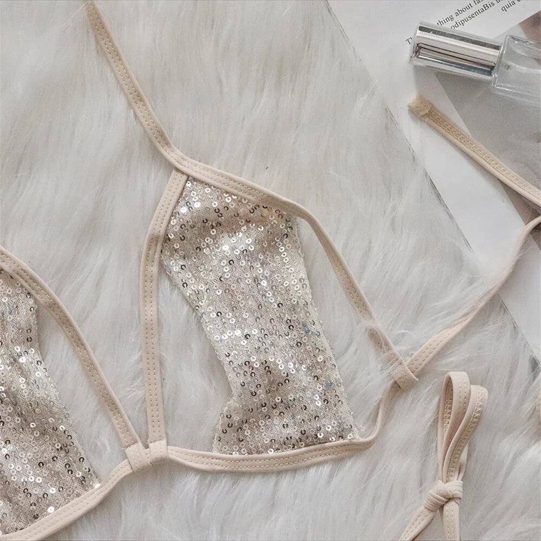 Sequins Halter Strappy Bikini Set