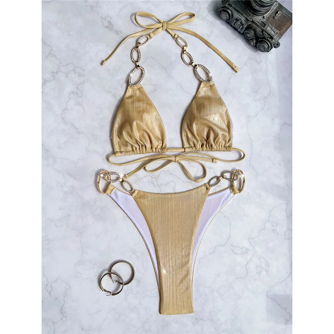 Rhinestones Leopard Splicing Bikini Champagne