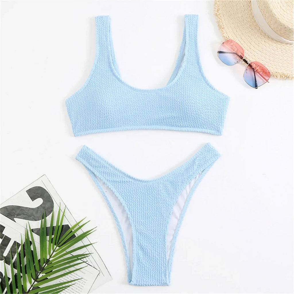 High Cut Wrinkled Bikini Set Blue
