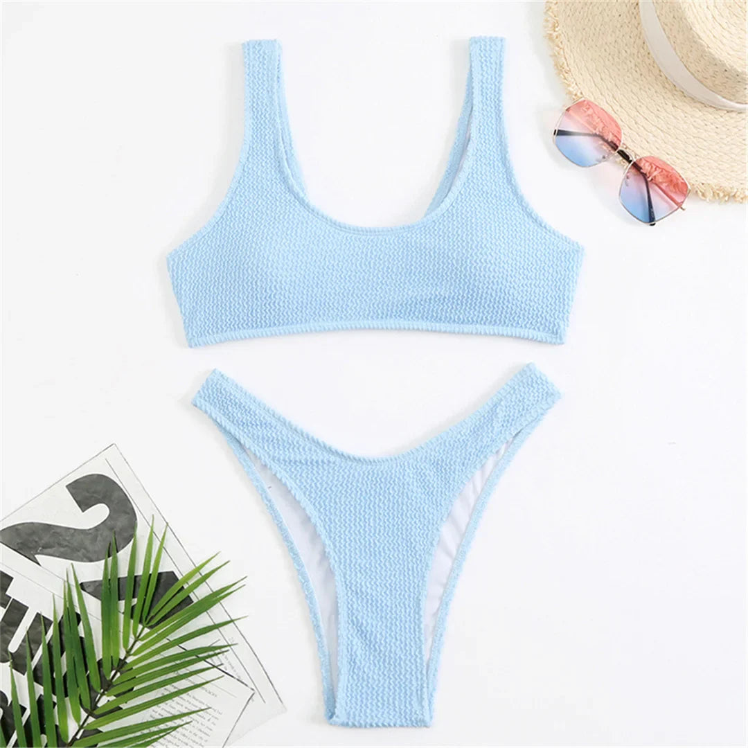 High Cut Wrinkled Bikini Set Blue