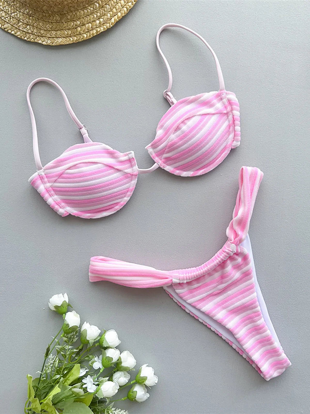 Striped Underwired Bikini Set Pink