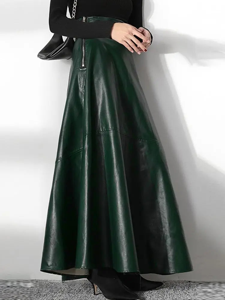 Women’s High Waist Leather Long Skirt