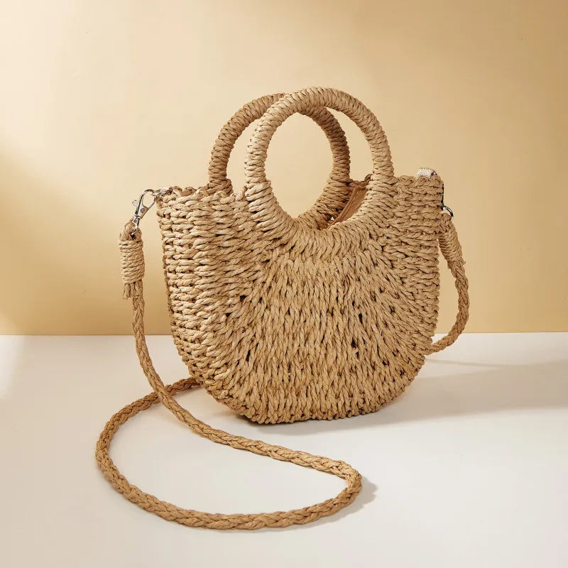 Half-Moon Straw Rattan Crossbody Bag