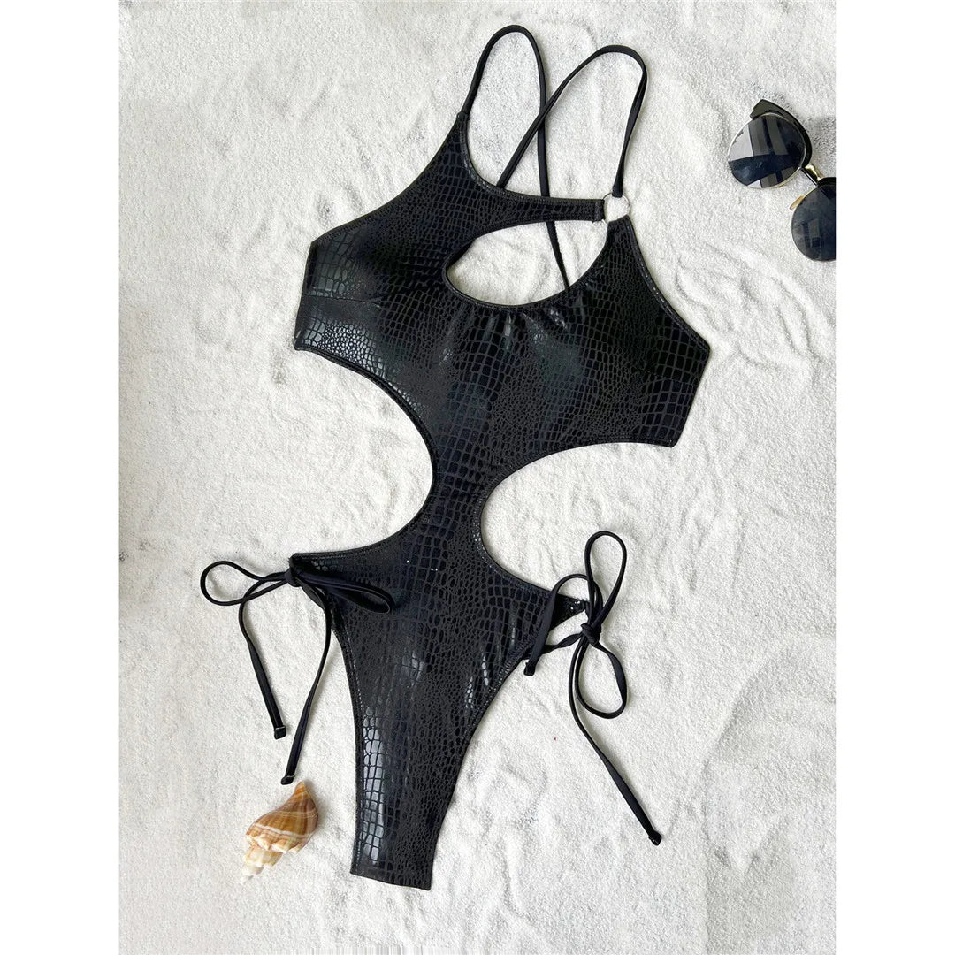 Asymmetric Snake Skin Swimsuit Black