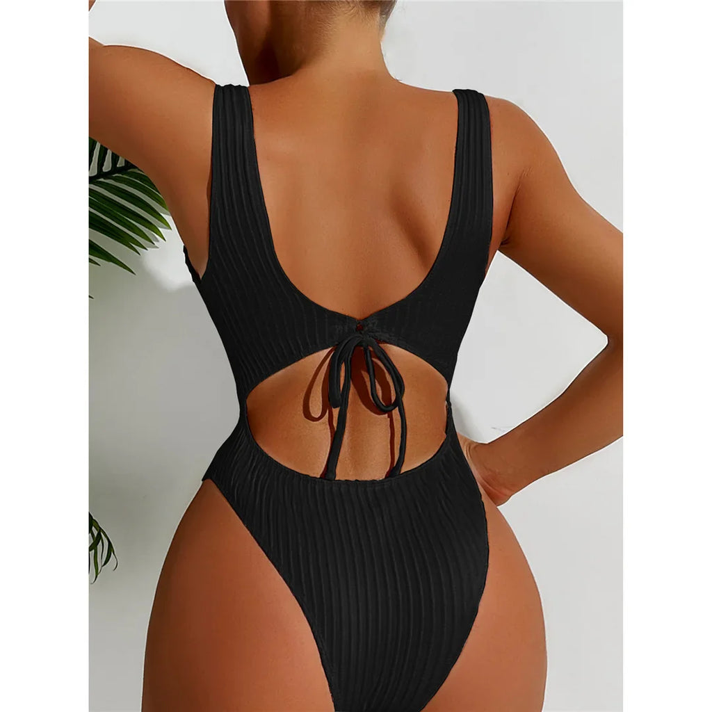 Ribbed Cut Out Backless Swimsuit