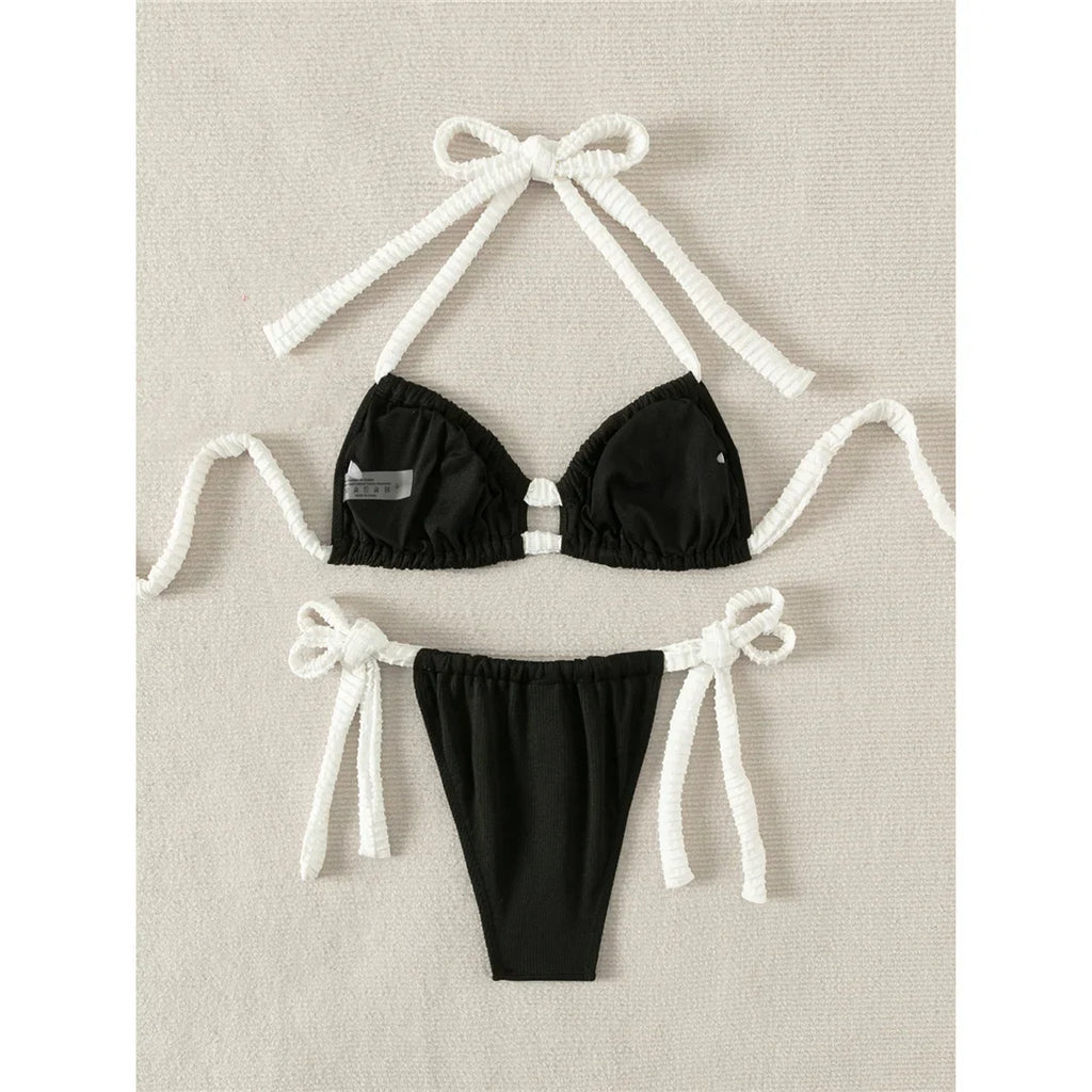 Ribbed Halter Strappy Bikini