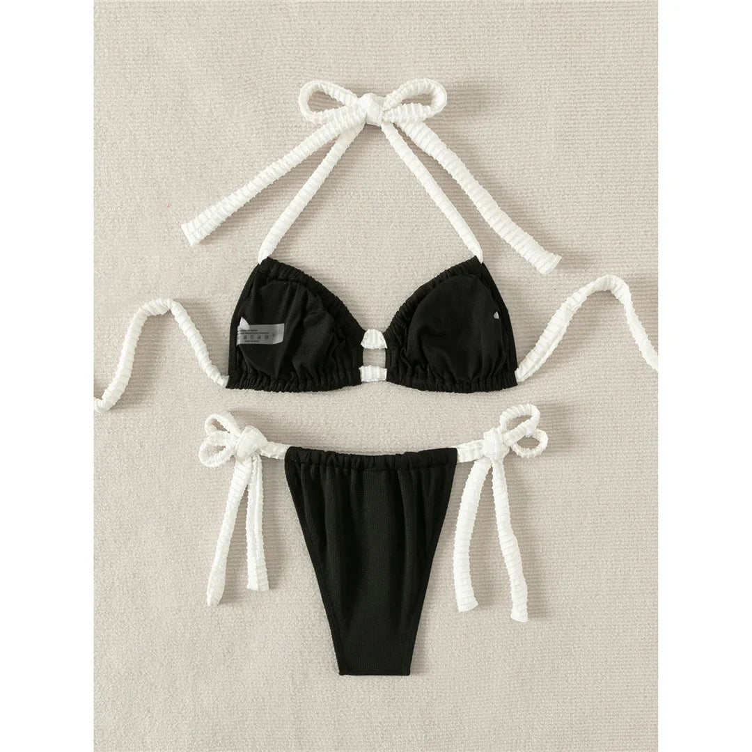 Ribbed Halter Strappy Bikini