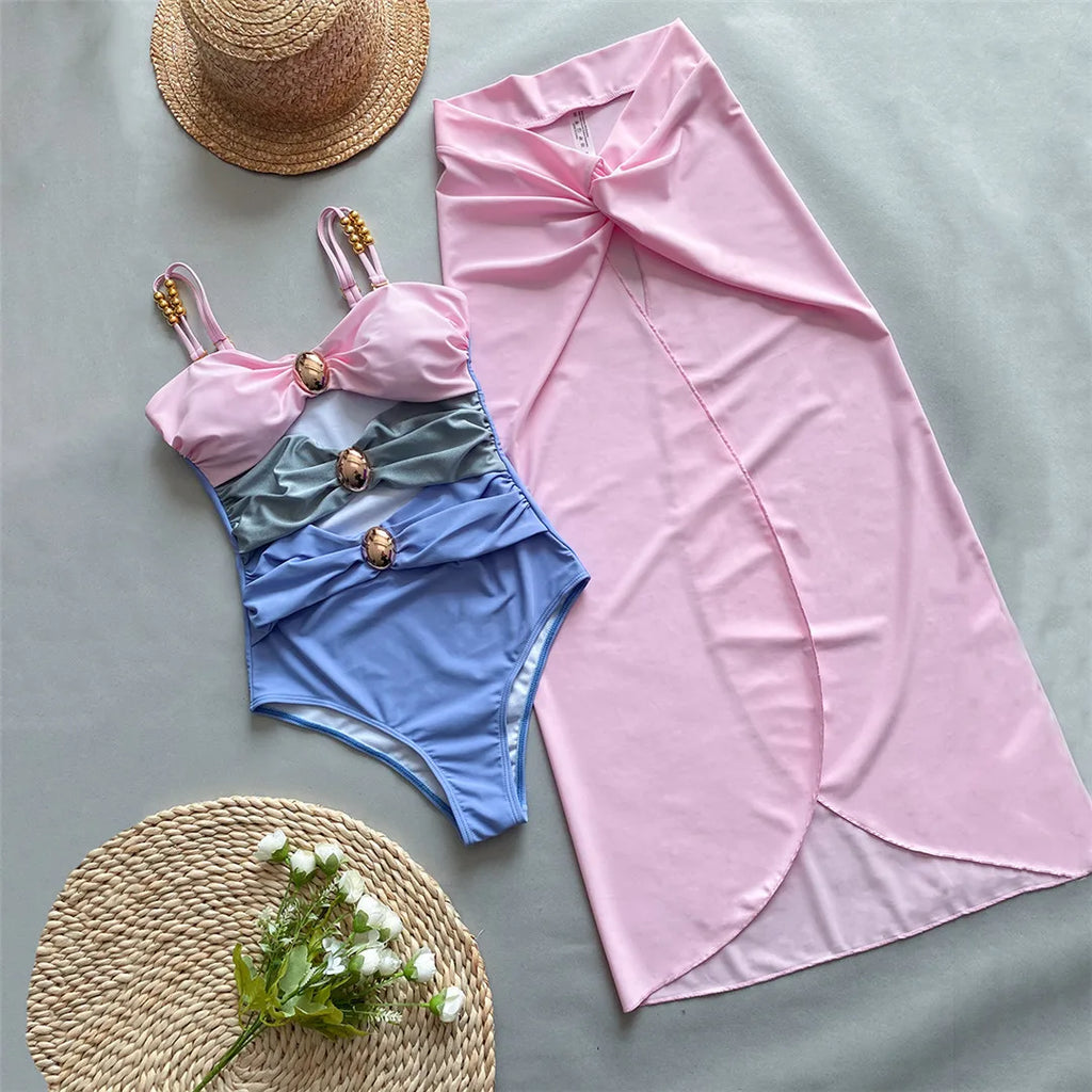 Splicing Knotted Skirt Monokini Set Pink