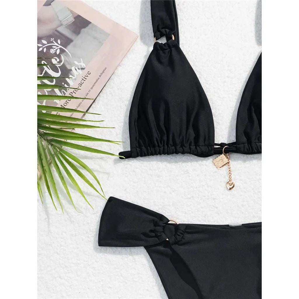 Metal Ring High Leg Bikini Set