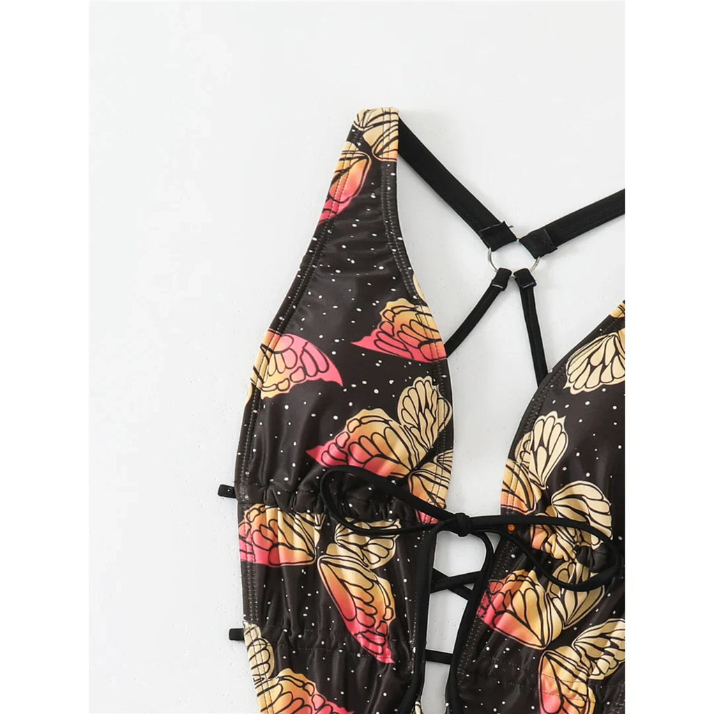 Butterfly Print Deep V Swimsuit