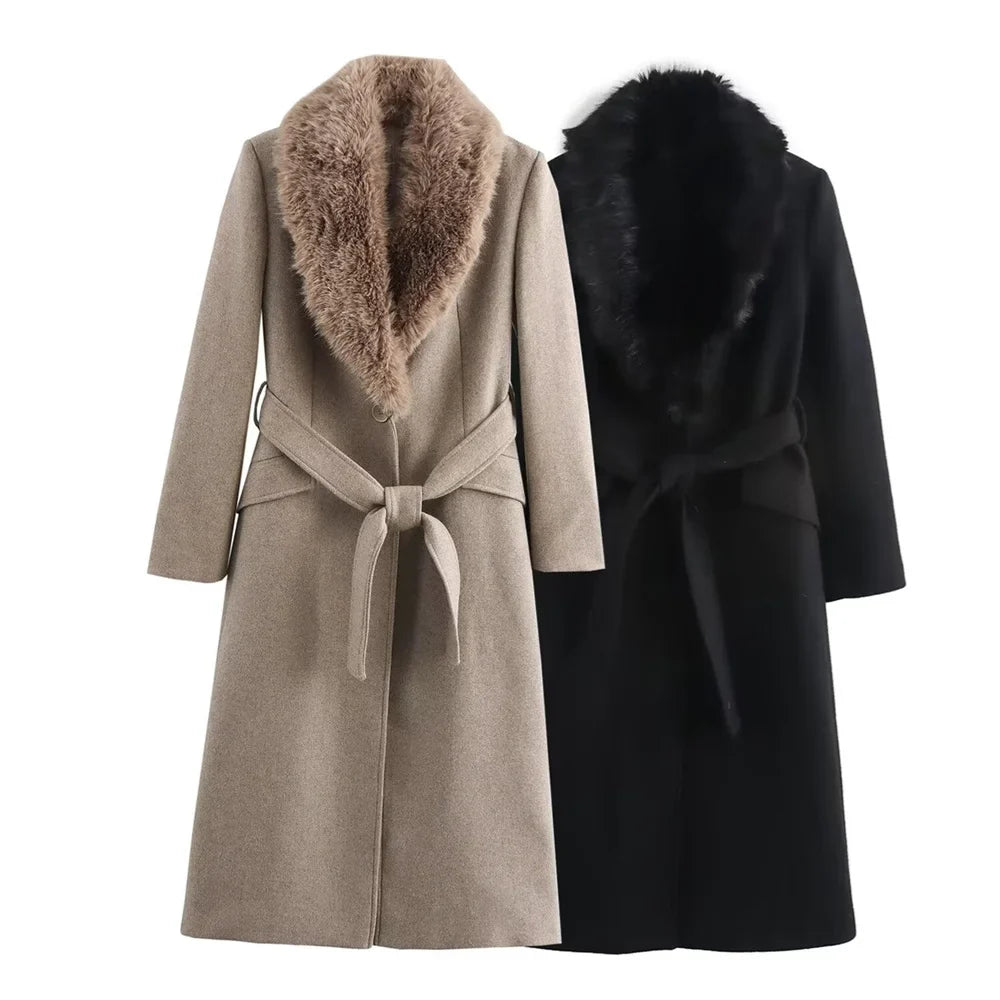 Amelie Belted Fur-Collar Coat